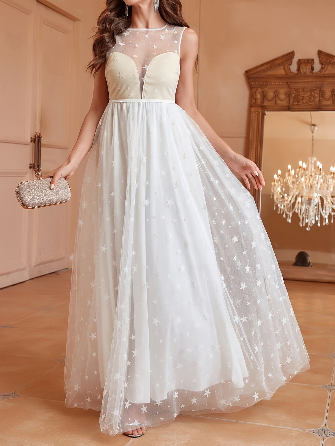 VougeVamp Contrast Mesh Star Print A-Line Dress for Women - Elegant Sleeveless Crew Neck Semi-Sheer Gown - VougeVampUK