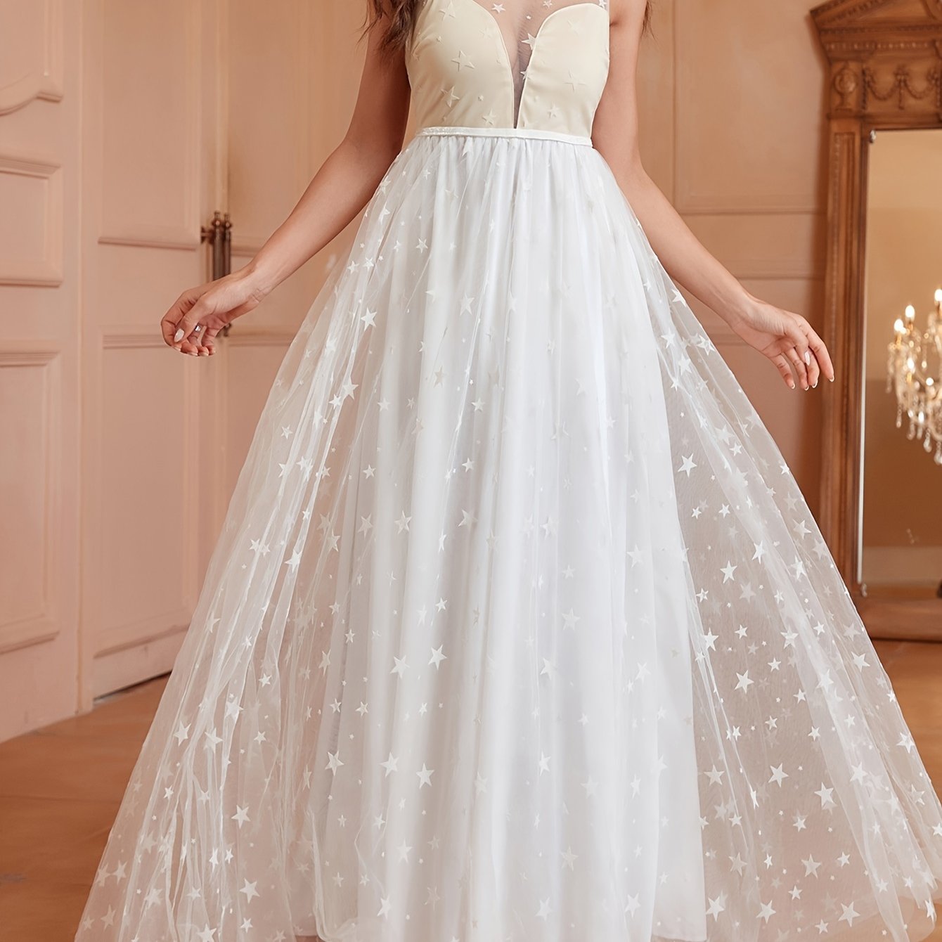 VougeVamp Contrast Mesh Star Print A-Line Dress for Women - Elegant Sleeveless Crew Neck Semi-Sheer Gown - VougeVampUK