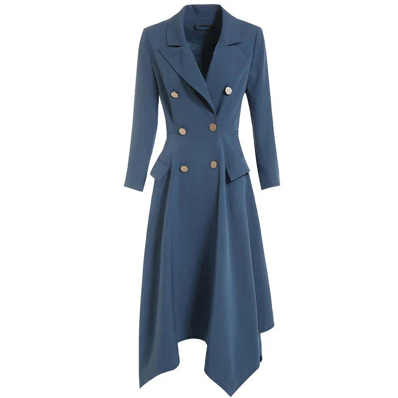 VougeVamp Elegant Long Trench Coat for Women – Irregular Hem Button Coat for Spring & Fall, Office & Party Wear