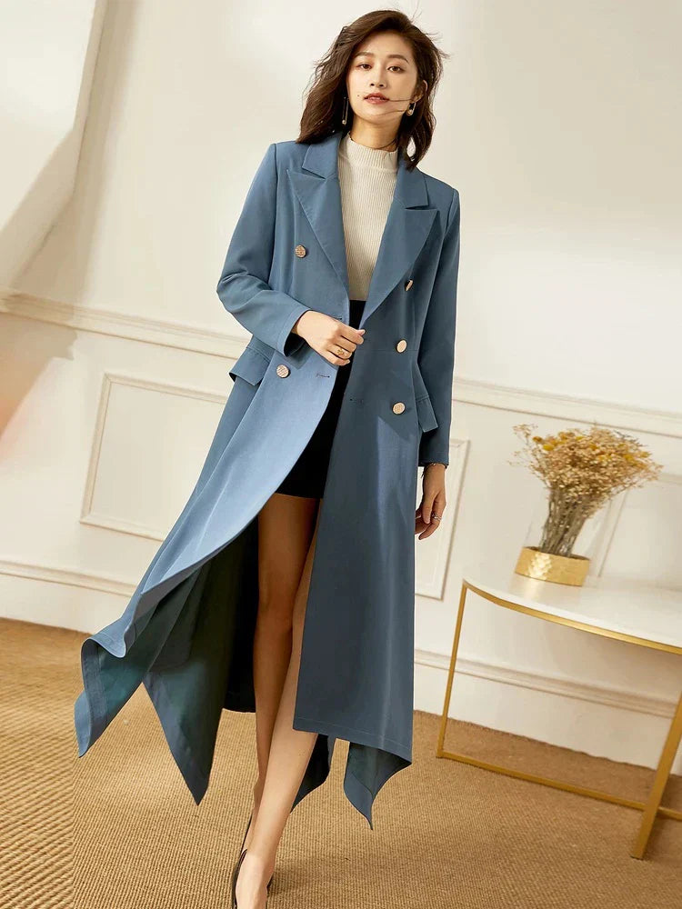 VougeVamp Elegant Long Trench Coat for Women – Irregular Hem Button Coat for Spring & Fall, Office & Party Wear