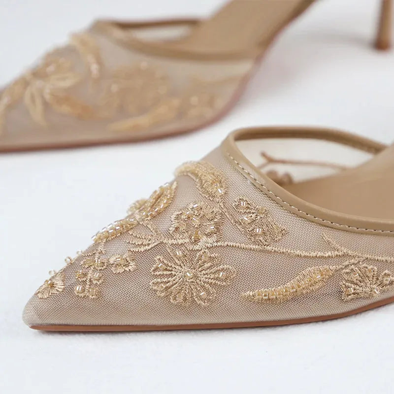 VougeVamp Mesh Embroidery Slingback Sandals - Pointed Toe High Heel Banquet Shoes for Women