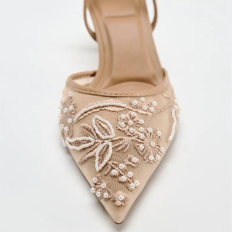 VougeVamp Mesh Embroidery Slingback Sandals - Pointed Toe High Heel Banquet Shoes for Women