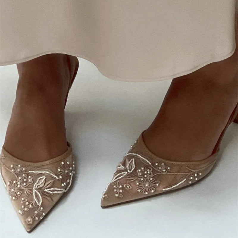 VougeVamp Mesh Embroidery Slingback Sandals - Pointed Toe High Heel Banquet Shoes for Women