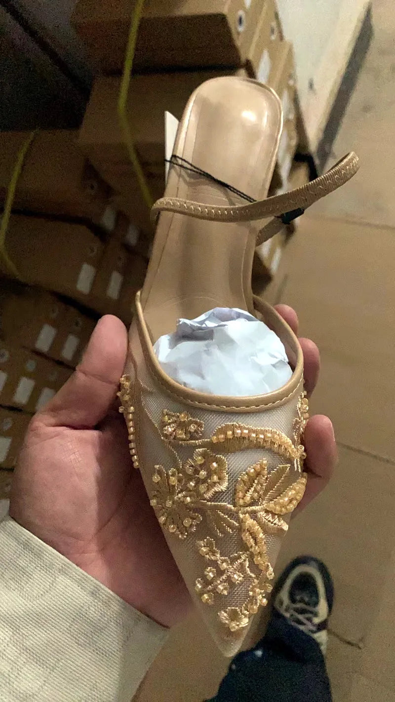 VougeVamp Mesh Embroidery Slingback Sandals - Pointed Toe High Heel Banquet Shoes for Women