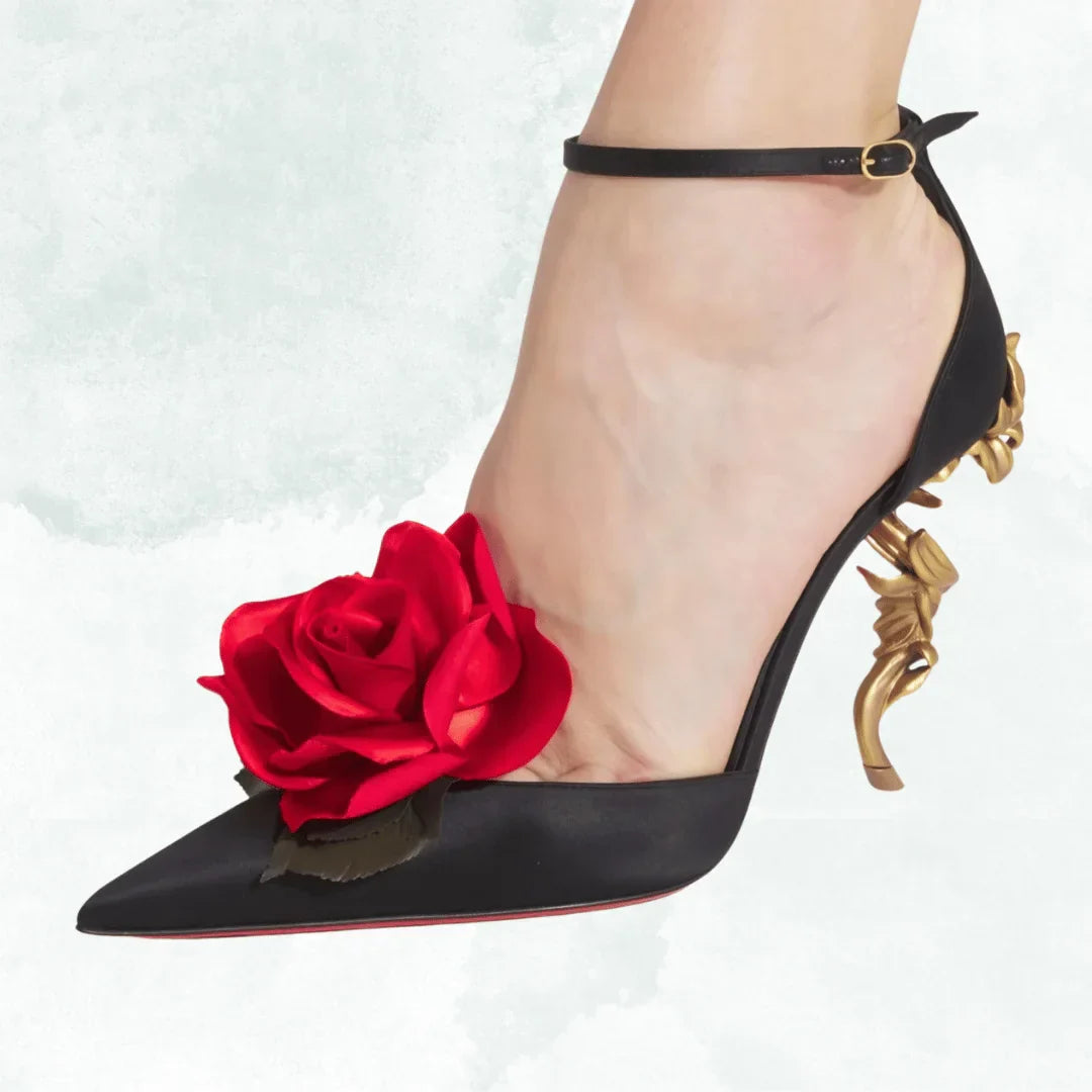 VougeVamp Designer Black Alien Stiletto Sandals – Pointed Floral High Heels for Weddings, Parties & Fashion Shows