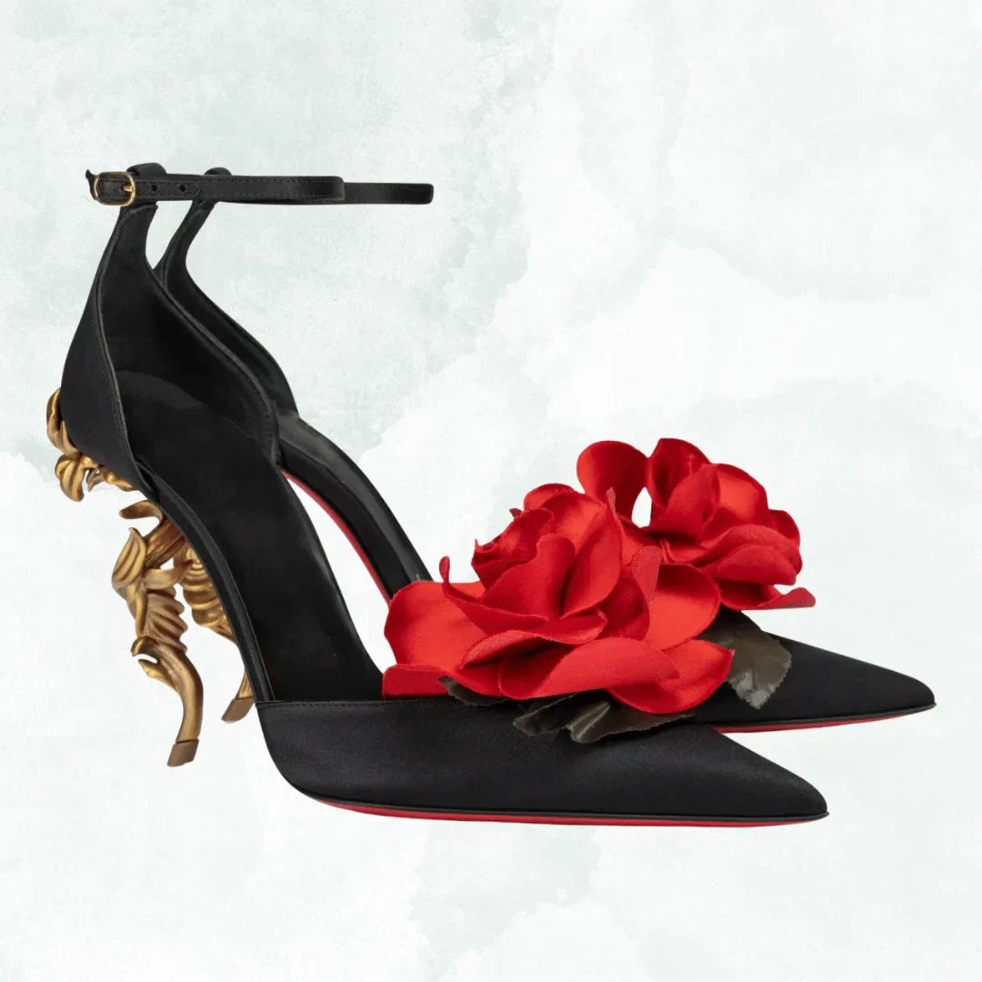 VougeVamp Designer Black Alien Stiletto Sandals – Pointed Floral High Heels for Weddings, Parties & Fashion Shows