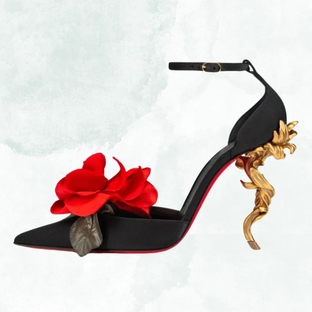 VougeVamp Designer Black Alien Stiletto Sandals – Pointed Floral High Heels for Weddings, Parties & Fashion Shows