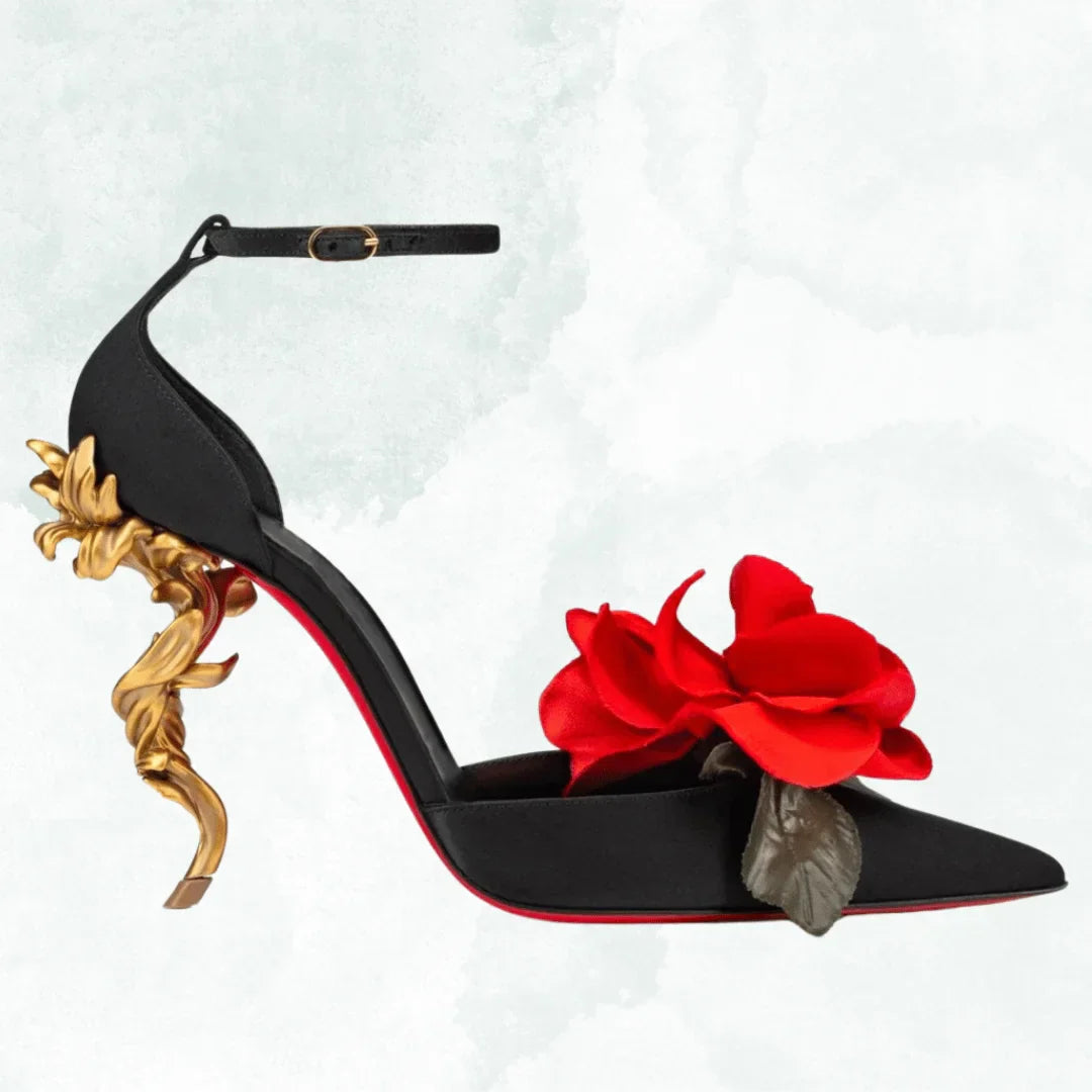 VougeVamp Designer Black Alien Stiletto Sandals – Pointed Floral High Heels for Weddings, Parties & Fashion Shows