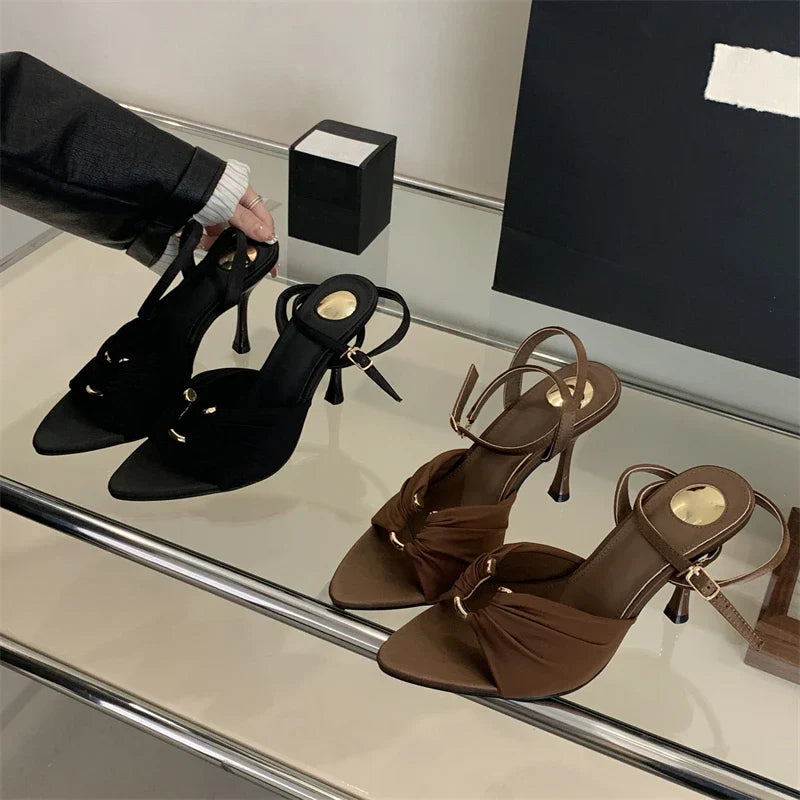 VougeVamp Pleated Hollow-Out Buckle Strap Sandals - Pointed Toe Super High Heel Party Shoes