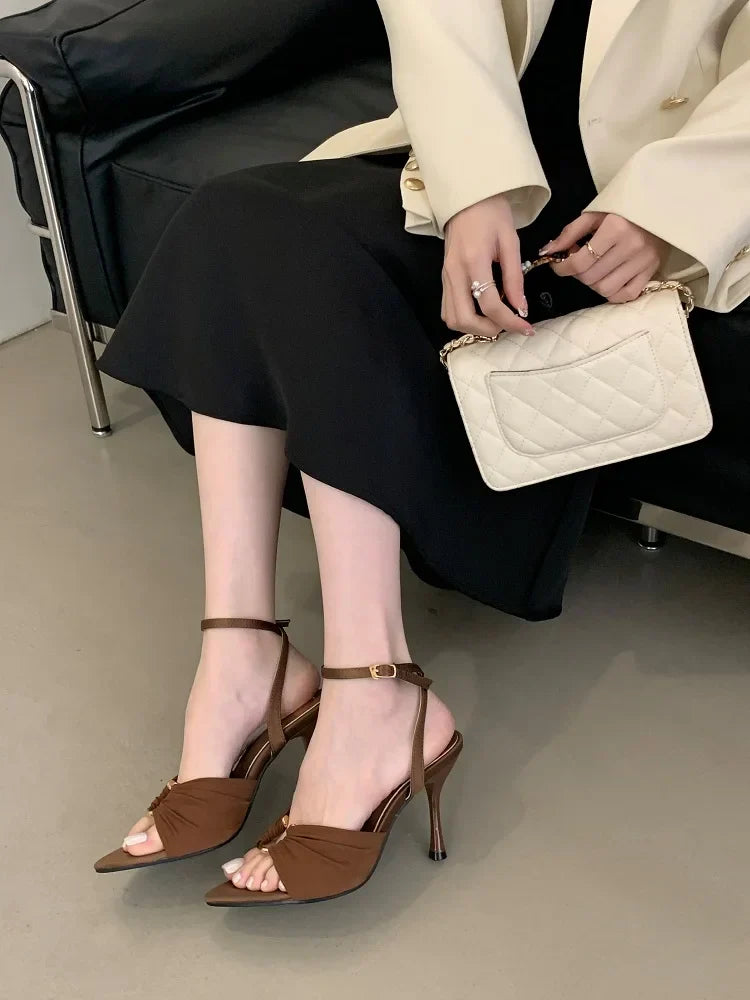 VougeVamp Pleated Hollow-Out Buckle Strap Sandals - Pointed Toe Super High Heel Party Shoes