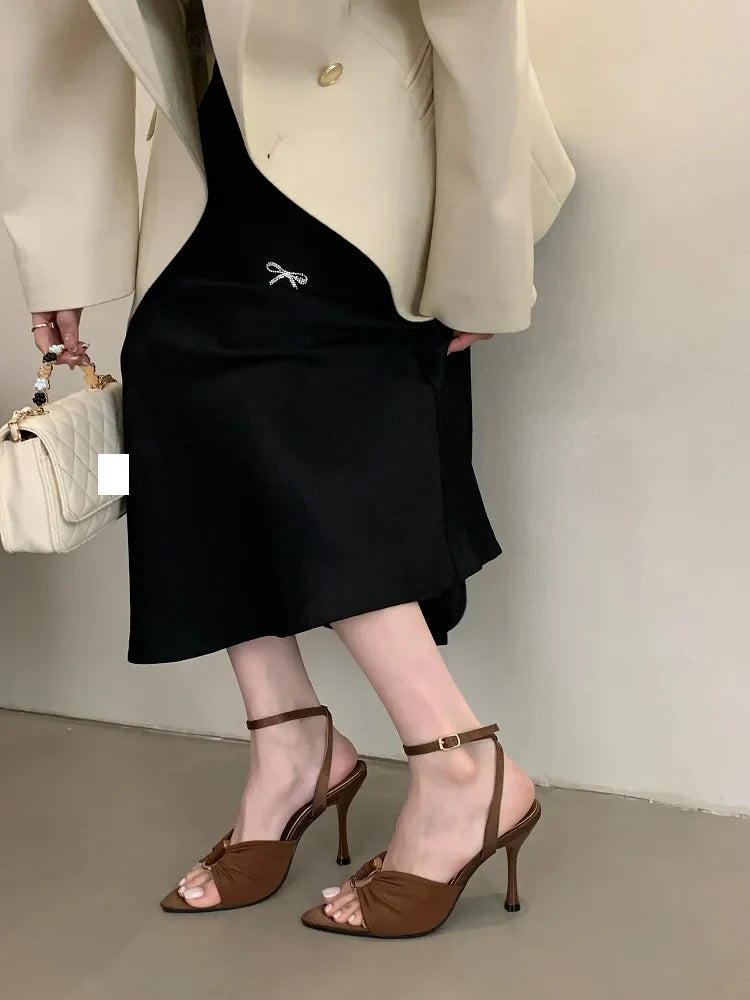 VougeVamp Pleated Hollow-Out Buckle Strap Sandals - Pointed Toe Super High Heel Party Shoes