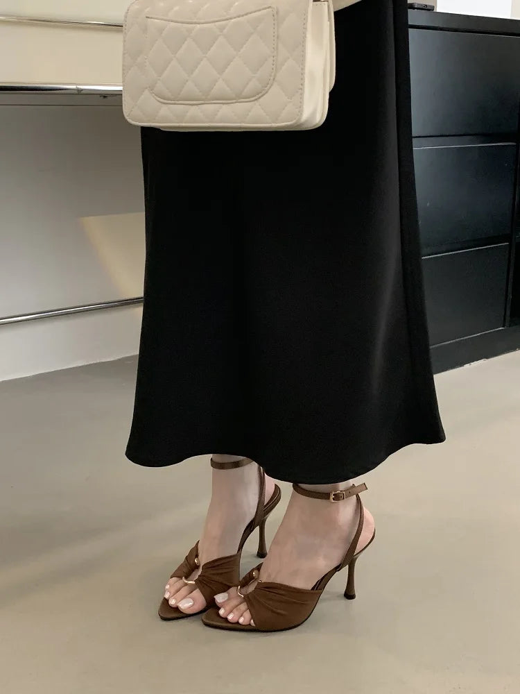 VougeVamp Pleated Hollow-Out Buckle Strap Sandals - Pointed Toe Super High Heel Party Shoes