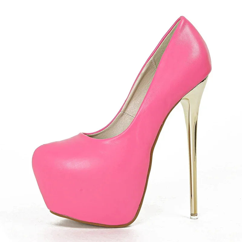 VougeVamp Elegant Pink PU Leather Platform Pumps - Round Toe Super High Heel Slingbacks