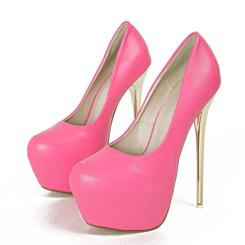 VougeVamp Elegant Pink PU Leather Platform Pumps - Round Toe Super High Heel Slingbacks