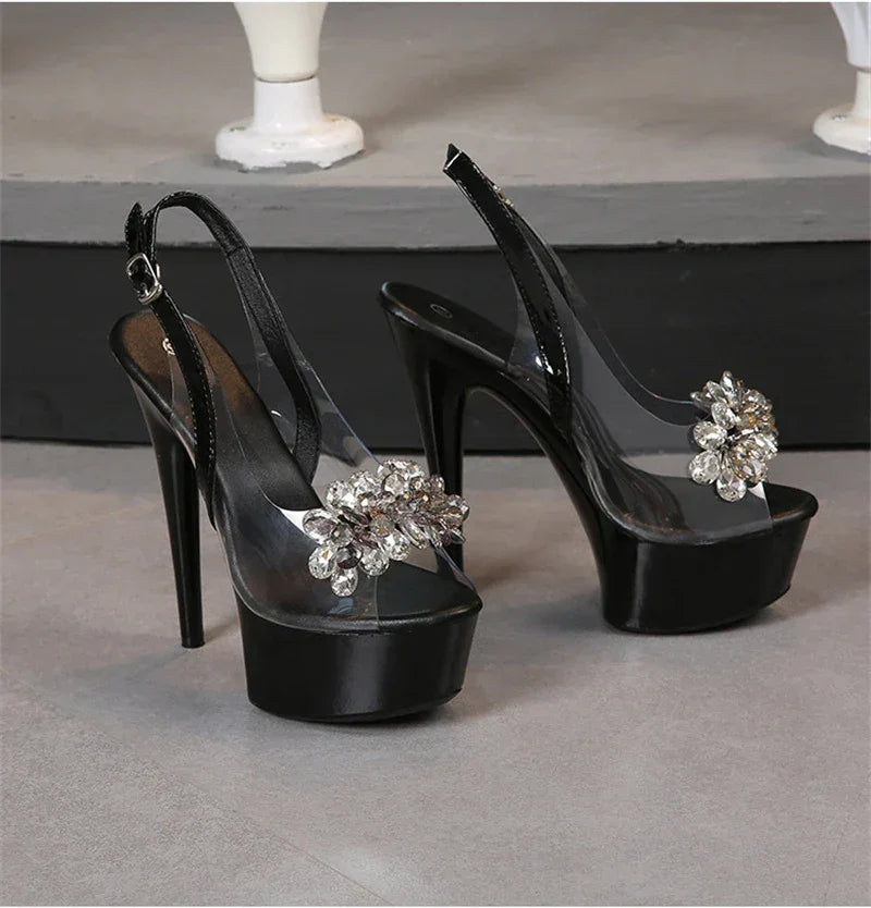 VougeVamp PVC Transparent Crystal Peep-Toe Sandals - Back Buckle Strap Super High Heel Platforms