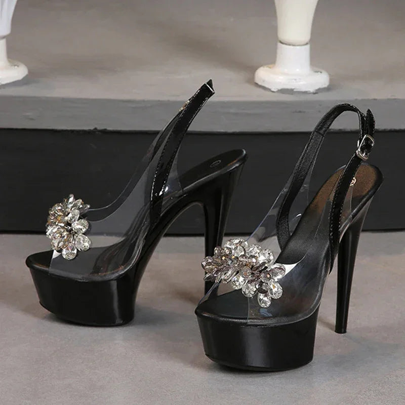 VougeVamp PVC Transparent Crystal Peep-Toe Sandals - Back Buckle Strap Super High Heel Platforms