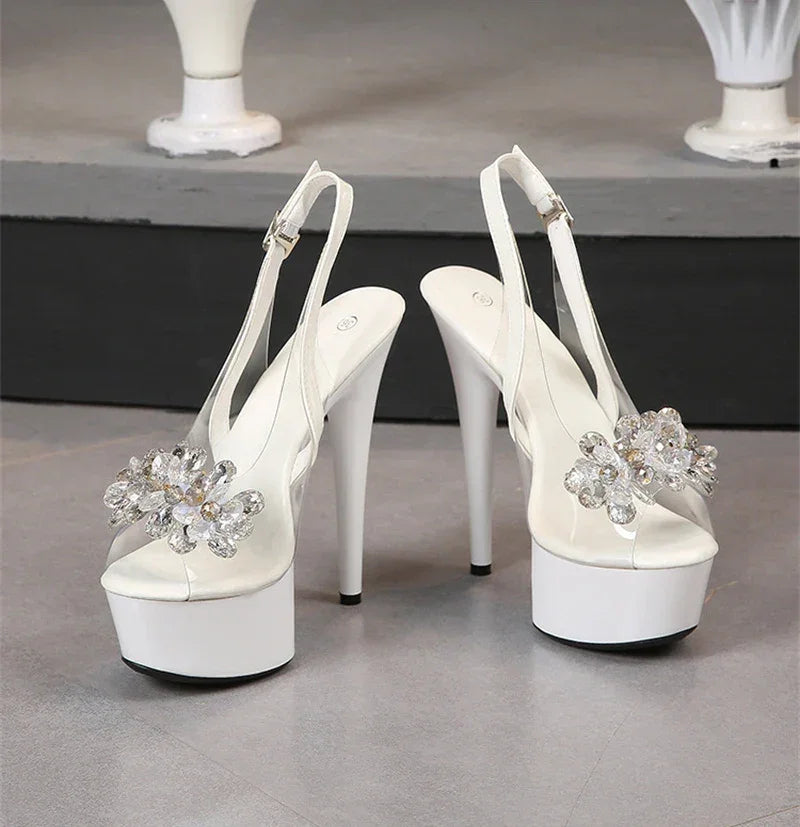 VougeVamp PVC Transparent Crystal Peep-Toe Sandals - Back Buckle Strap Super High Heel Platforms