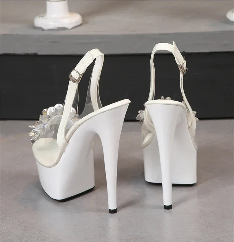 VougeVamp PVC Transparent Crystal Peep-Toe Sandals - Back Buckle Strap Super High Heel Platforms