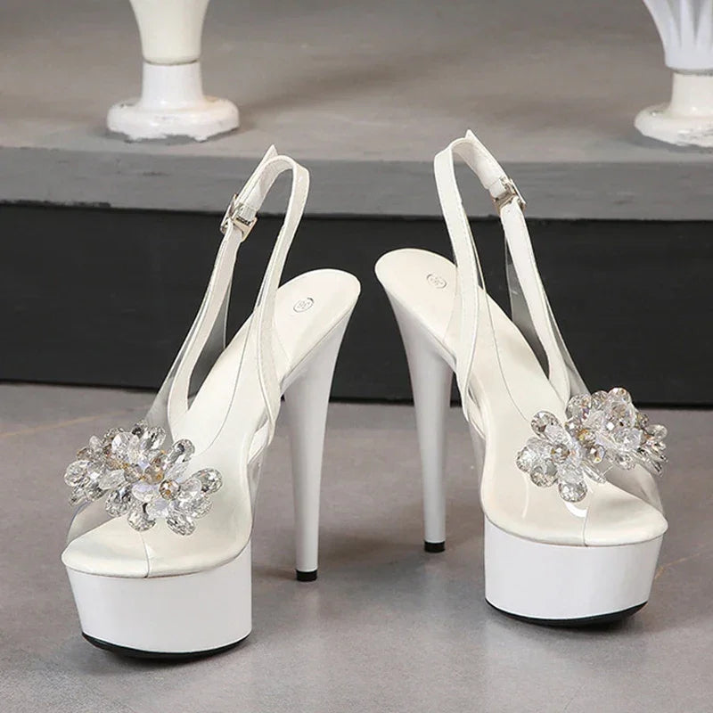 VougeVamp PVC Transparent Crystal Peep-Toe Sandals - Back Buckle Strap Super High Heel Platforms