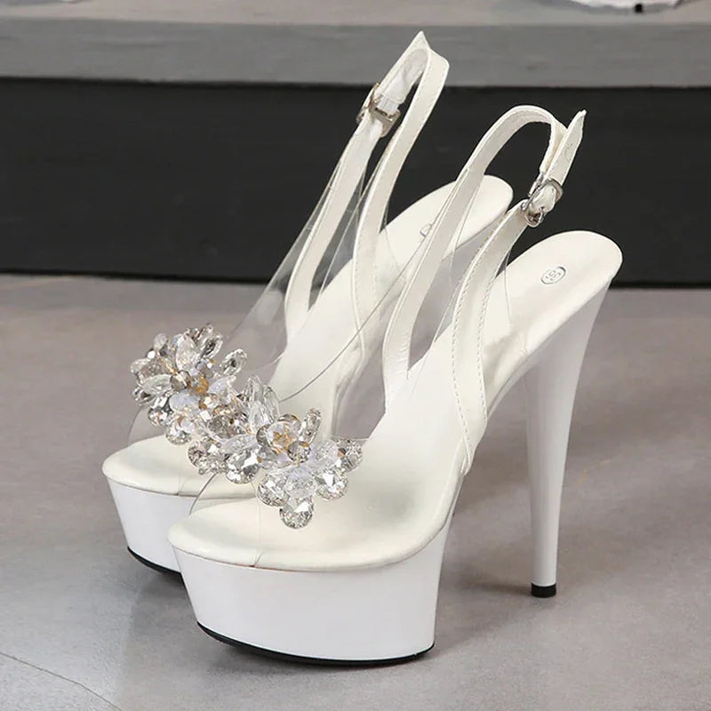 VougeVamp PVC Transparent Crystal Peep-Toe Sandals - Back Buckle Strap Super High Heel Platforms