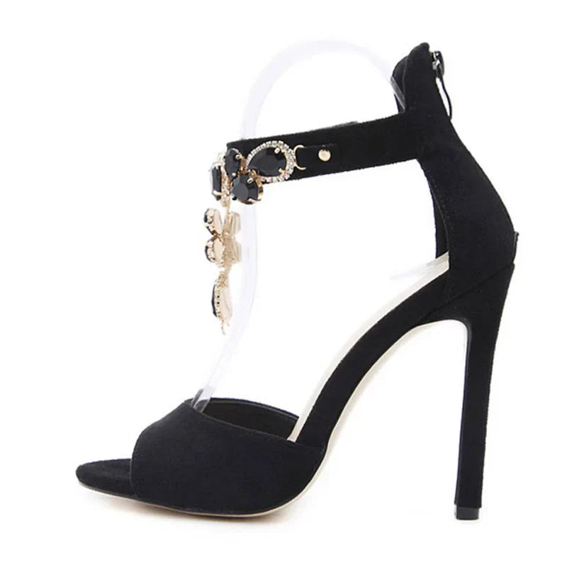 VougeVamp Women’s Black Gemstone Peep-Toe Sandals – Sexy High Heels with Ankle Zip Strap for Parties and Formal Events