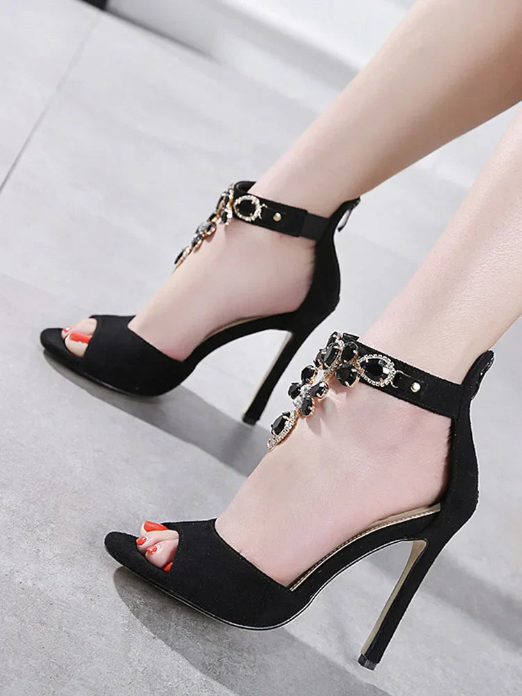 VougeVamp Women’s Black Gemstone Peep-Toe Sandals – Sexy High Heels with Ankle Zip Strap for Parties and Formal Events