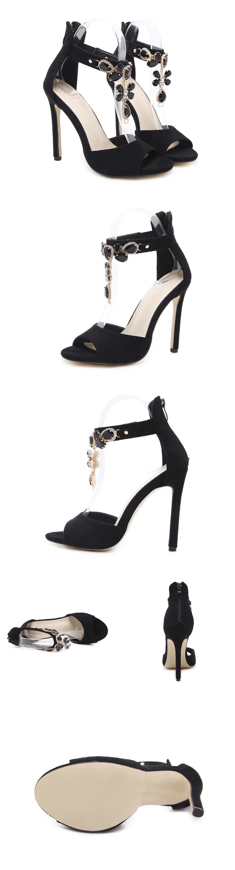 VougeVamp Women’s Black Gemstone Peep-Toe Sandals – Sexy High Heels with Ankle Zip Strap for Parties and Formal Events