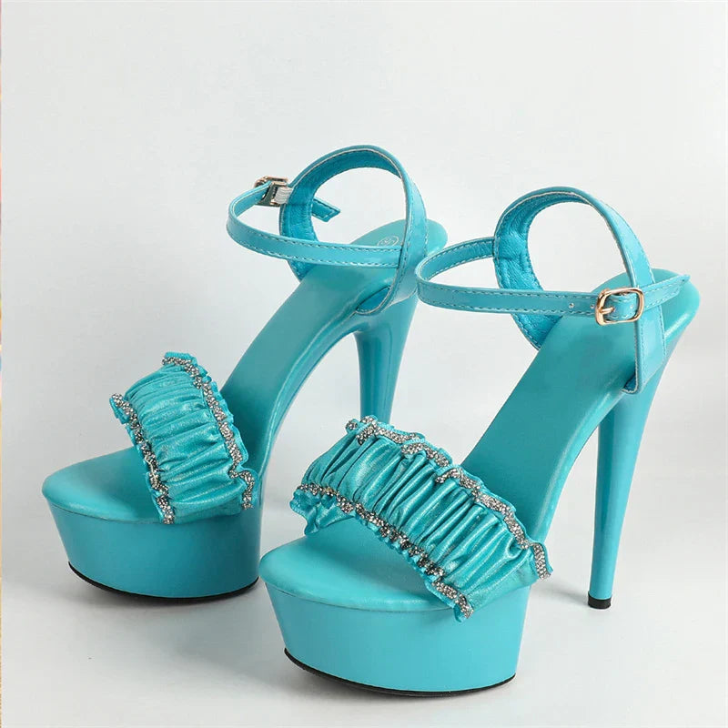 VougeVamp Women’s Crystal Pleated Platform Sandals – Elegant Open-Toe High Heels for Weddings and Parties