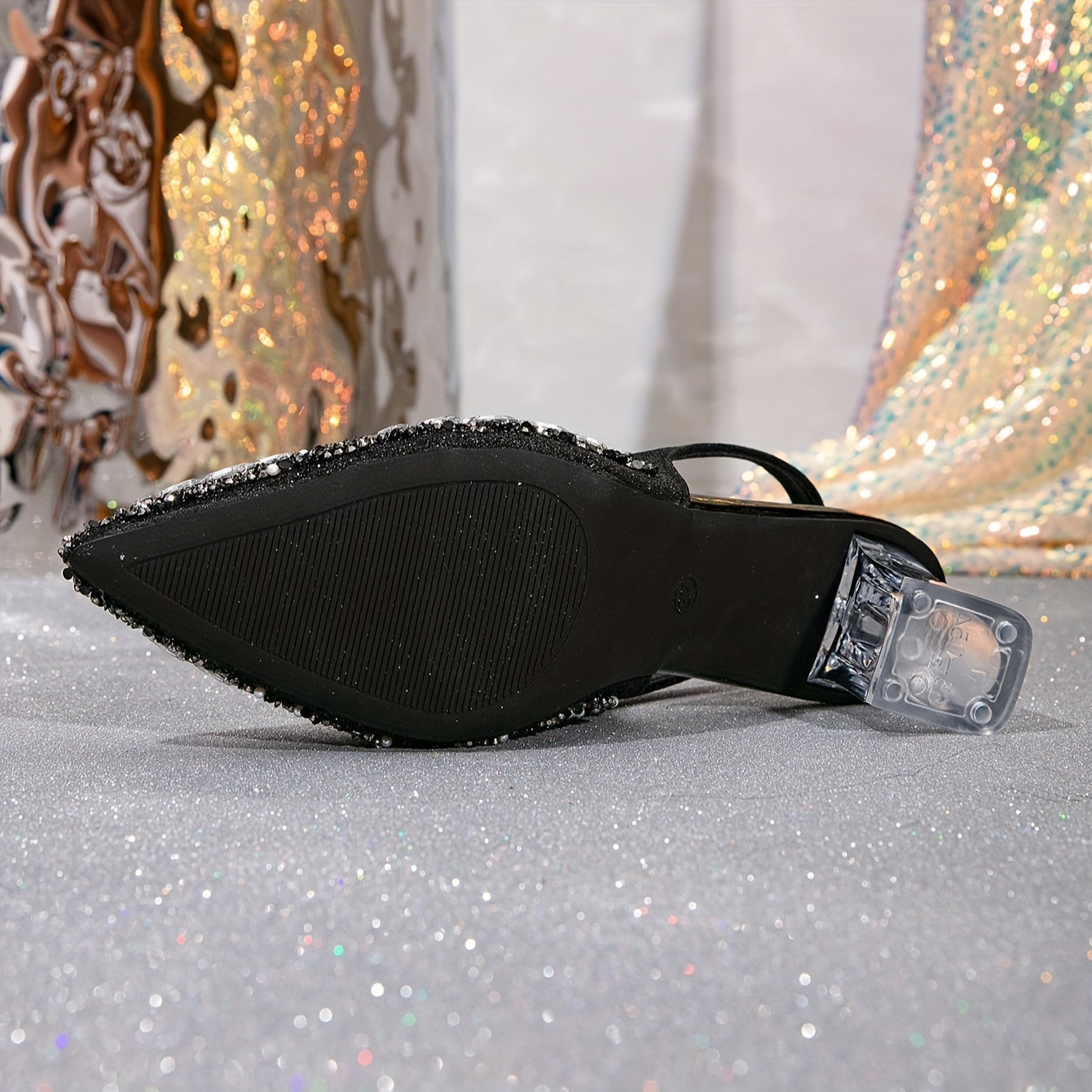 VougeVamp Elegant Pointed-Toe High Heels – Black Crystal Chunky Heel Pumps with Rhinestone Embellishments & Elastic Strap - VougeVampUK