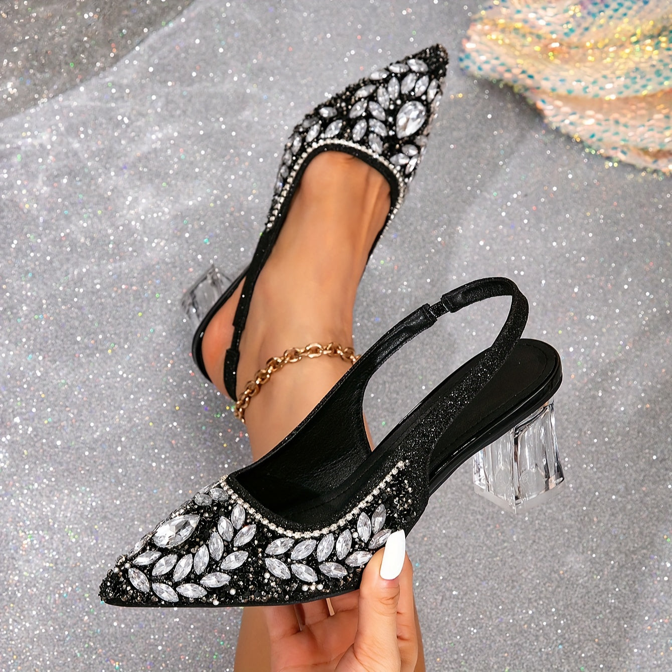 VougeVamp Elegant Pointed-Toe High Heels – Black Crystal Chunky Heel Pumps with Rhinestone Embellishments & Elastic Strap - VougeVampUK