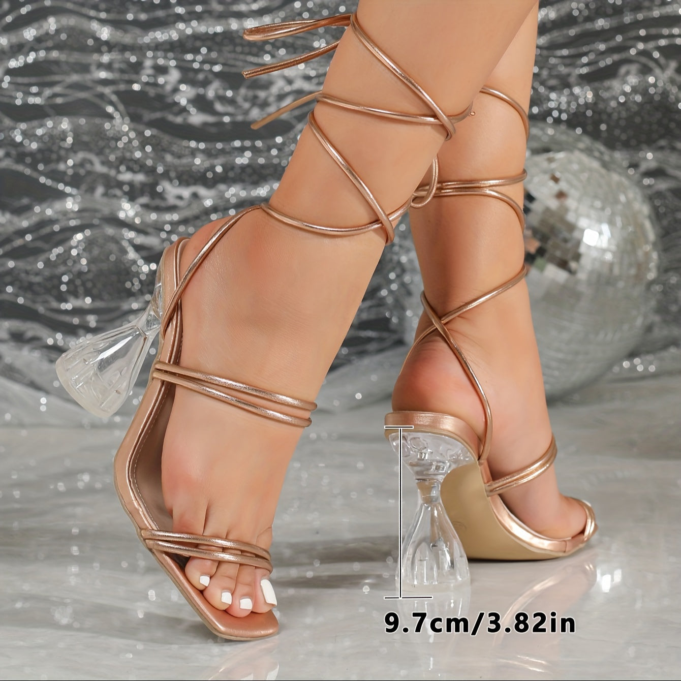 VougeVamp Floral Rhinestone Ankle Strap Clear Block Heels – Elegant Party & Wedding Sandals - VougeVampUK