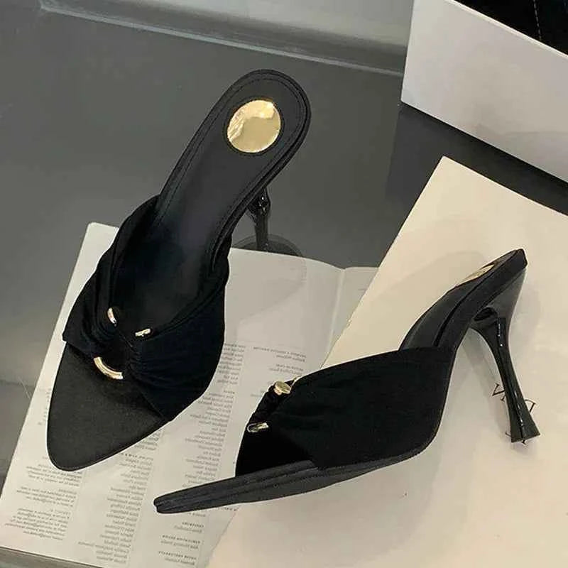 Summer Hollow-Out Mules - Sexy Metal Buckle High Heel Slides in Black and Brown