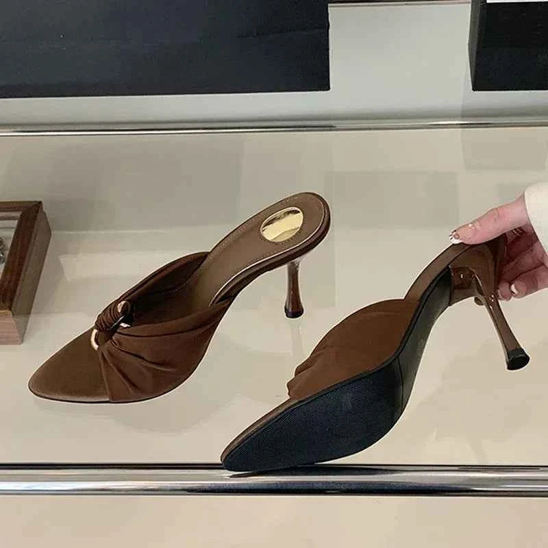 Summer Hollow-Out Mules - Sexy Metal Buckle High Heel Slides in Black and Brown