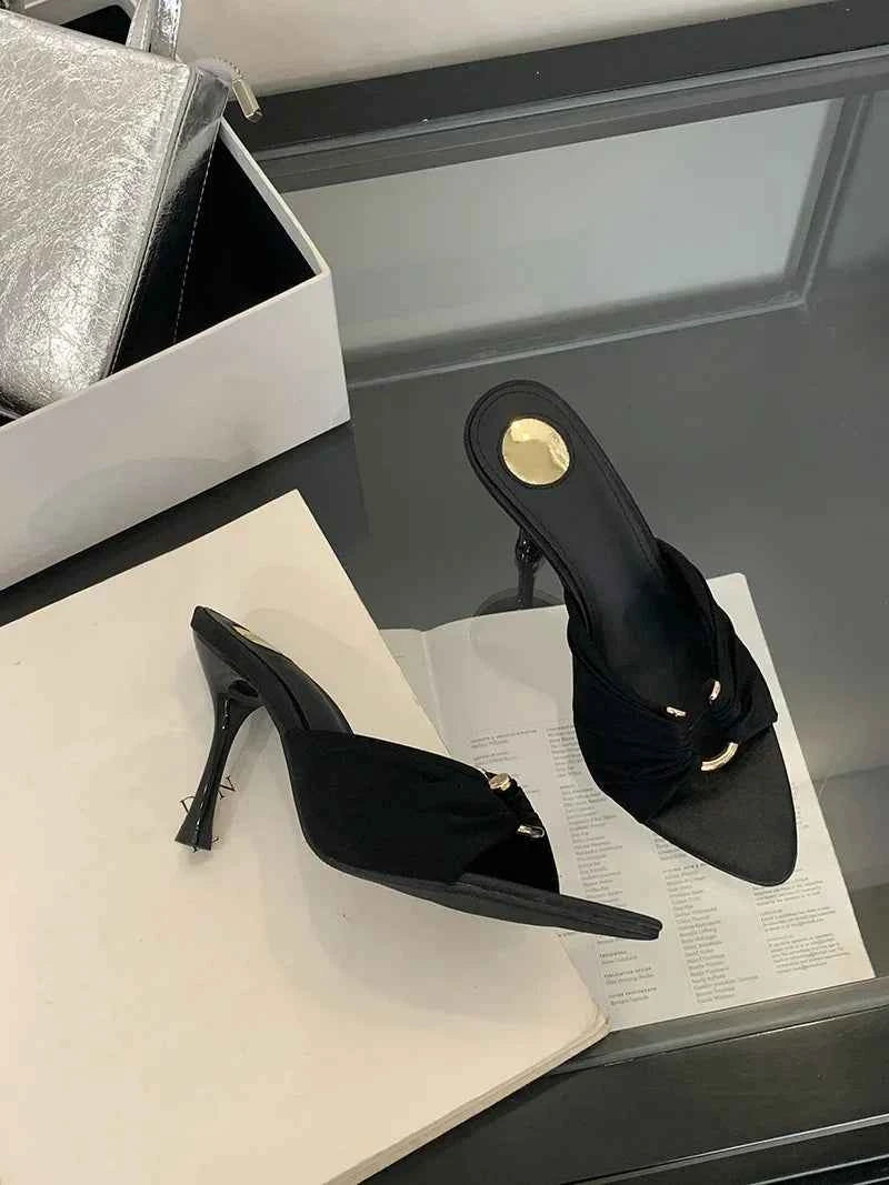 Summer Hollow-Out Mules - Sexy Metal Buckle High Heel Slides in Black and Brown