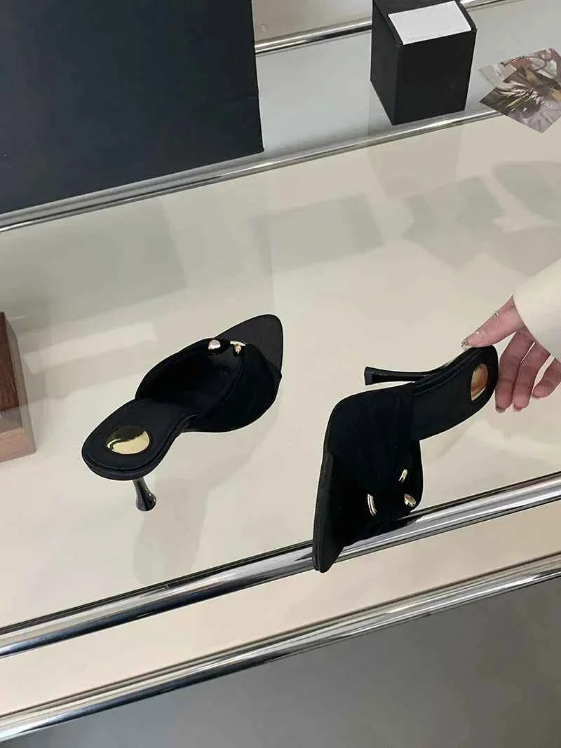 Summer Hollow-Out Mules - Sexy Metal Buckle High Heel Slides in Black and Brown