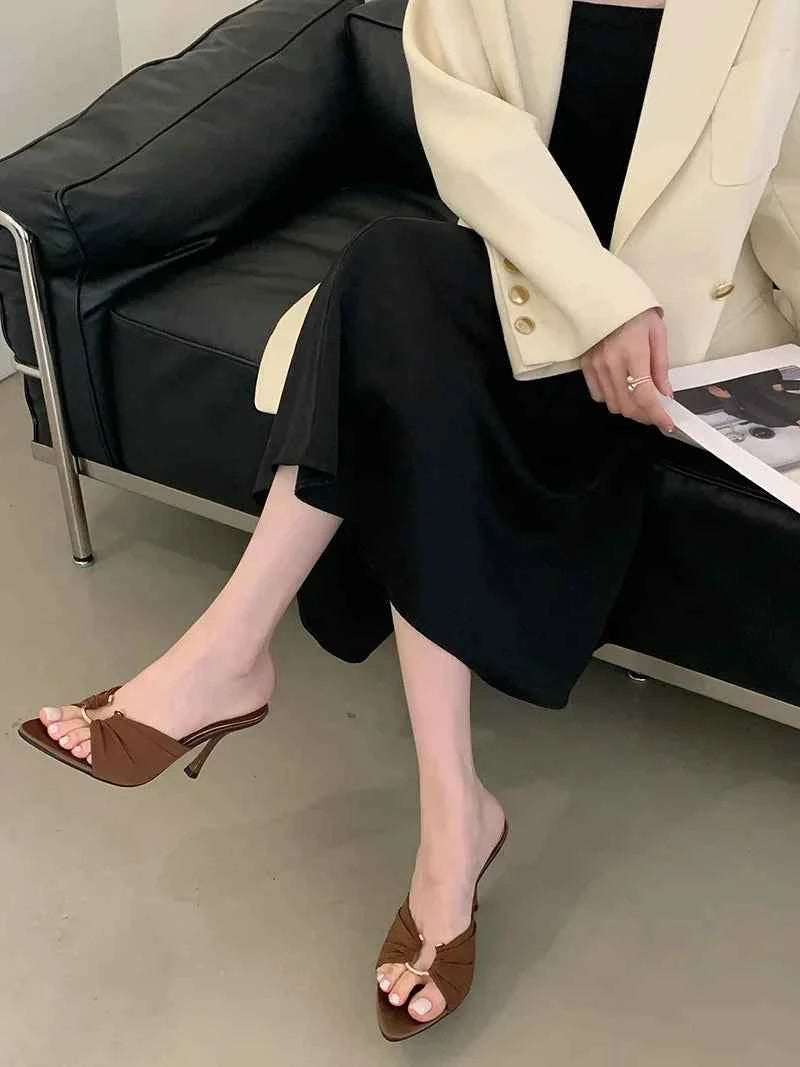 Summer Hollow-Out Mules - Sexy Metal Buckle High Heel Slides in Black and Brown