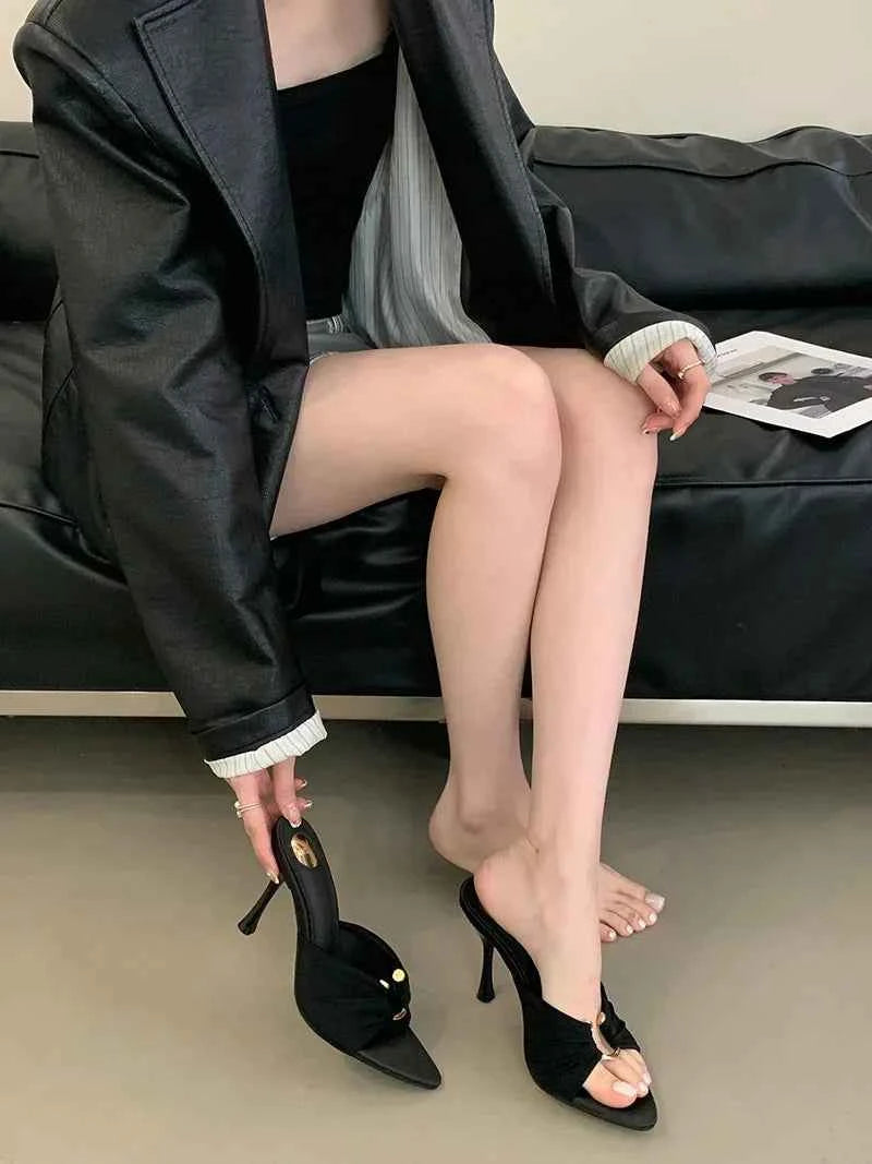 Summer Hollow-Out Mules - Sexy Metal Buckle High Heel Slides in Black and Brown