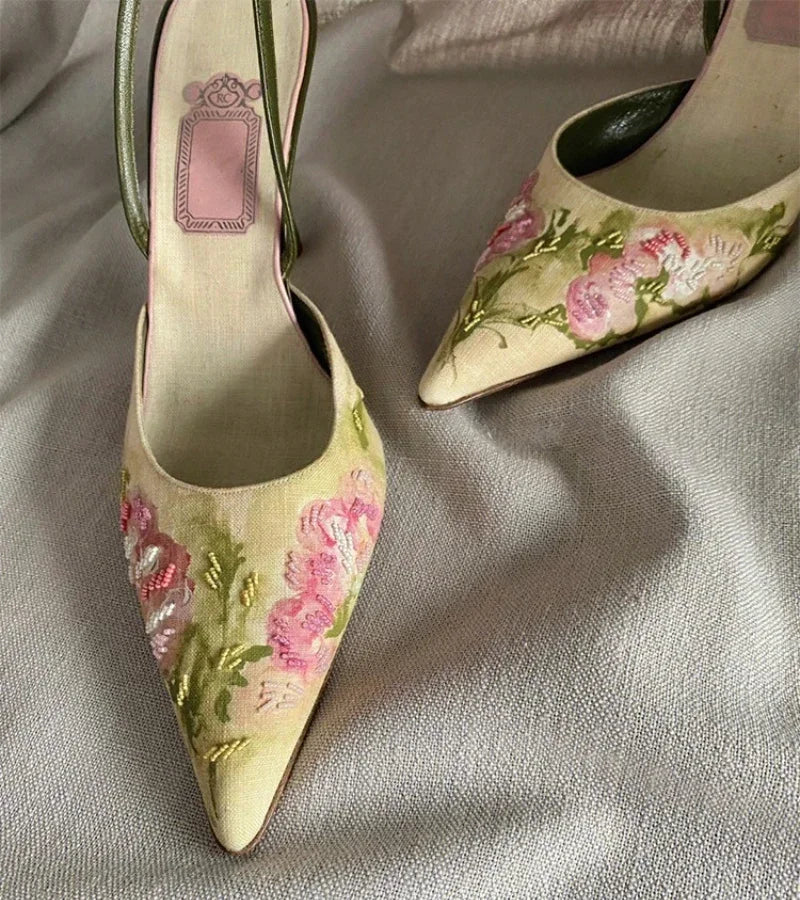 VougeVamp Embroidered High Heel Slingback Sandals – Elegant Pointed Toe Summer Dress Shoes for Women