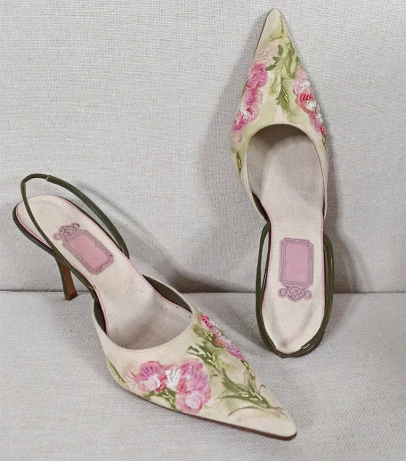 VougeVamp Embroidered High Heel Slingback Sandals – Elegant Pointed Toe Summer Dress Shoes for Women