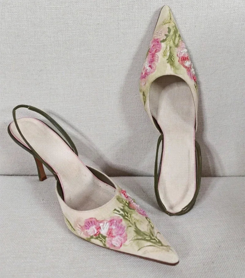 VougeVamp Embroidered High Heel Slingback Sandals – Elegant Pointed Toe Summer Dress Shoes for Women