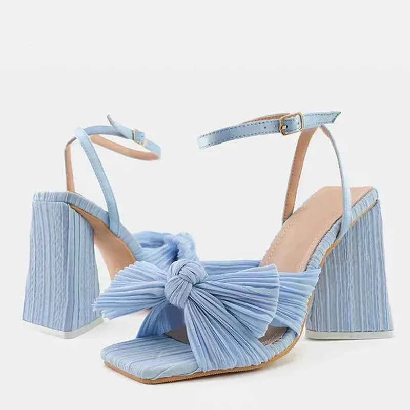Pleated Butterfly-Knot Gladiator Sandals - Peep-Toe High Heels with Buckle Strap
