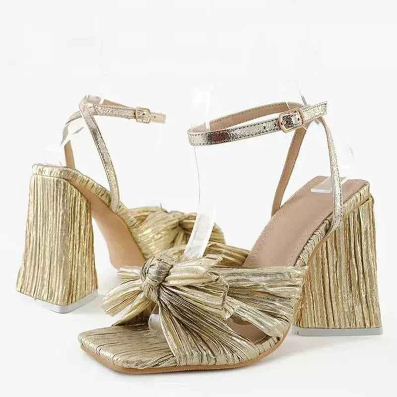 Pleated Butterfly-Knot Gladiator Sandals - Peep-Toe High Heels with Buckle Strap