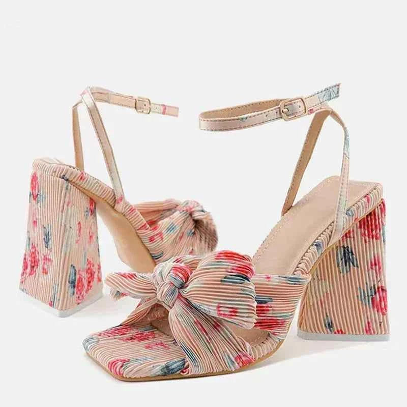 Pleated Butterfly-Knot Gladiator Sandals - Peep-Toe High Heels with Buckle Strap