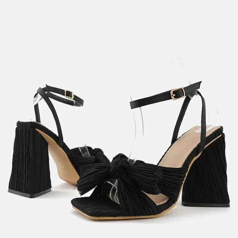 Pleated Butterfly-Knot Gladiator Sandals - Peep-Toe High Heels with Buckle Strap