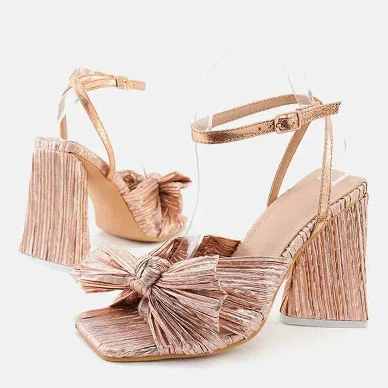 Pleated Butterfly-Knot Gladiator Sandals - Peep-Toe High Heels with Buckle Strap