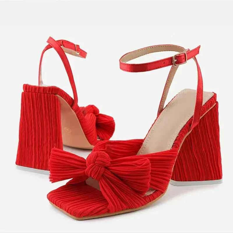 Pleated Butterfly-Knot Gladiator Sandals - Peep-Toe High Heels with Buckle Strap