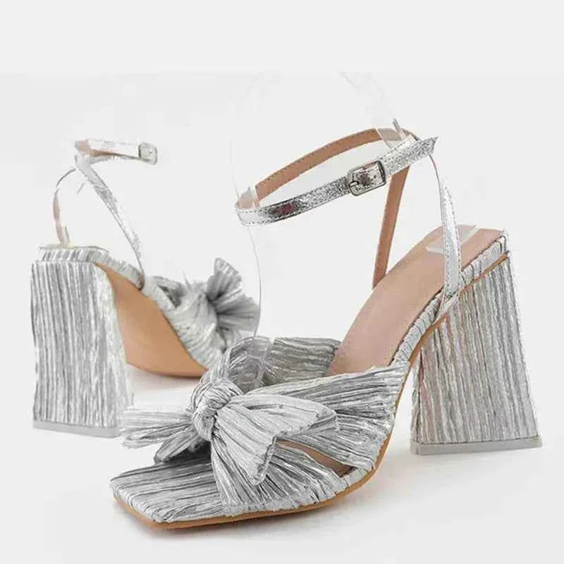 Pleated Butterfly-Knot Gladiator Sandals - Peep-Toe High Heels with Buckle Strap