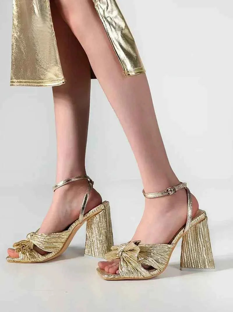 Pleated Butterfly-Knot Gladiator Sandals - Peep-Toe High Heels with Buckle Strap