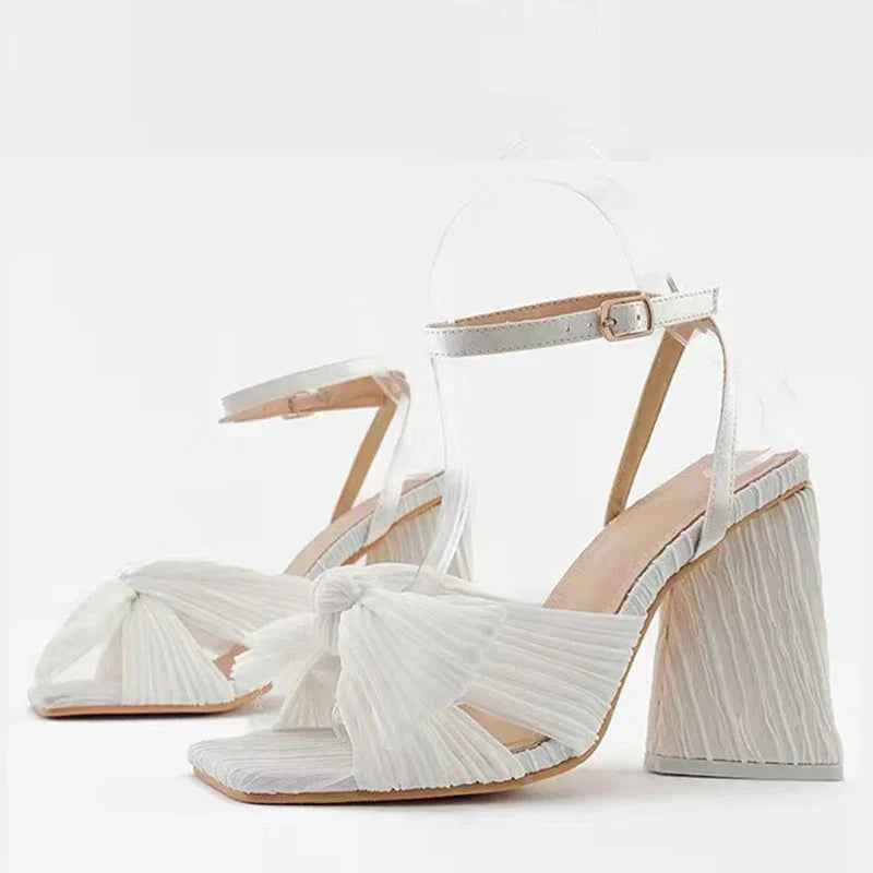 Pleated Butterfly-Knot Gladiator Sandals - Peep-Toe High Heels with Buckle Strap