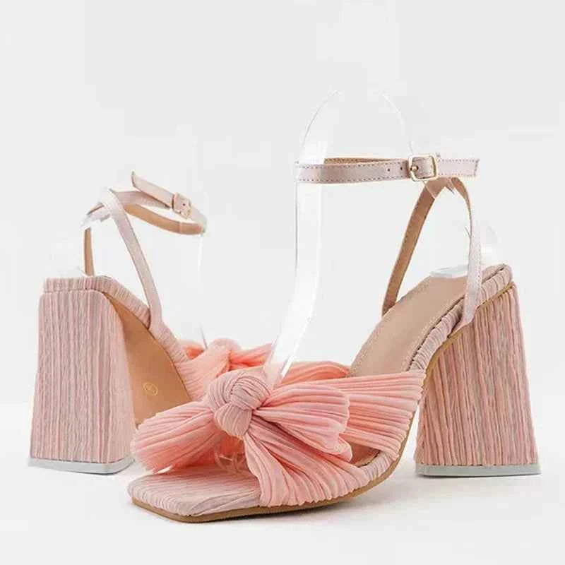 Pleated Butterfly-Knot Gladiator Sandals - Peep-Toe High Heels with Buckle Strap